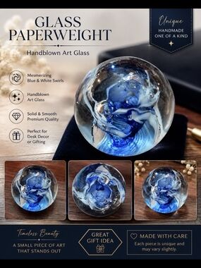 Handblown Blue & White Glass Paperweight - Abrand